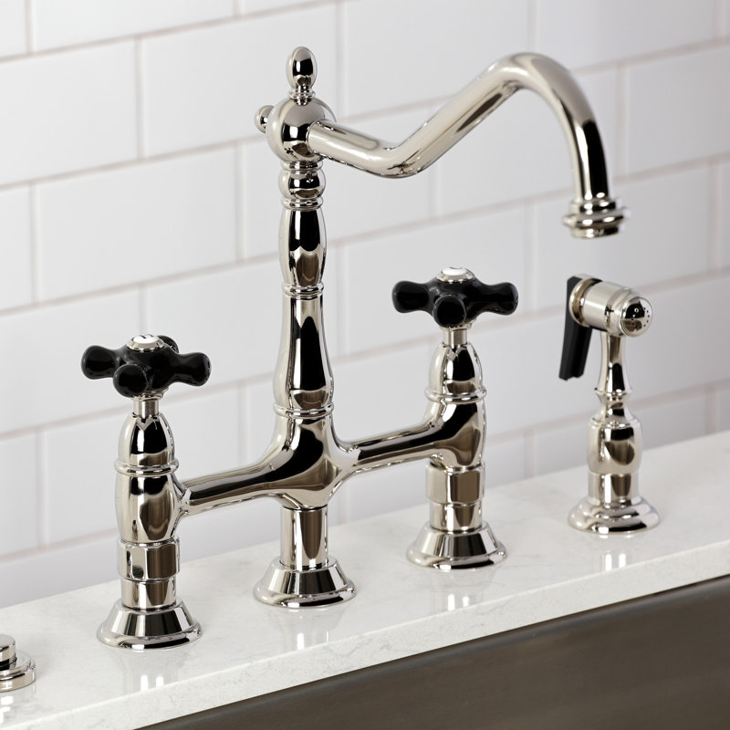 Kingston Brass Duchess Two-Handle 4-Hole Deck Mount Bridge Kitchen Faucet with Brass Side Sprayer, Polished Nickel