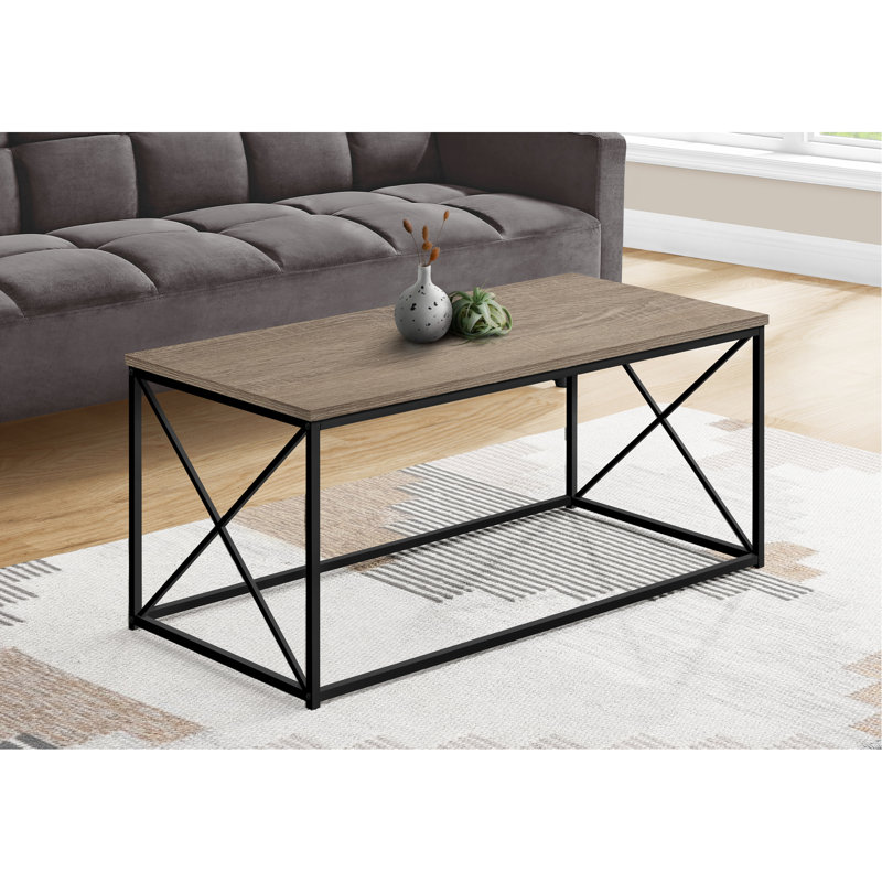 Table basse d'appoint moderne, 101,6 cm (L) x 45,7 cm (H), avec dessus en stratifié taupe foncé et piètement en métal noir. Table basse rectangulaire, 102,9 cm (L). Détails.