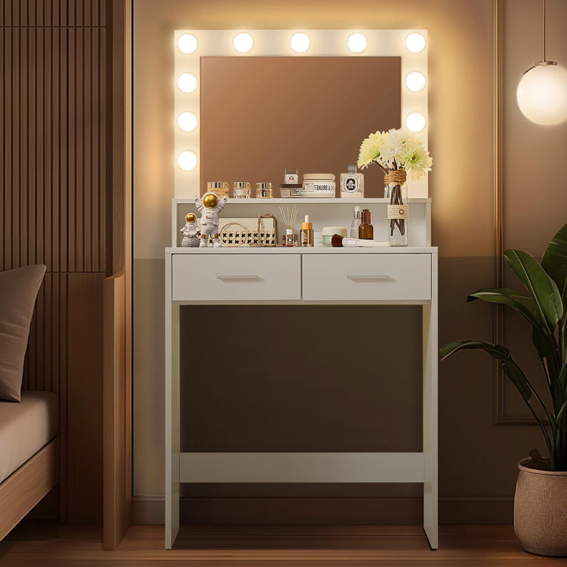 Bureau de coiffeuse avec miroir et lumières, Blanc