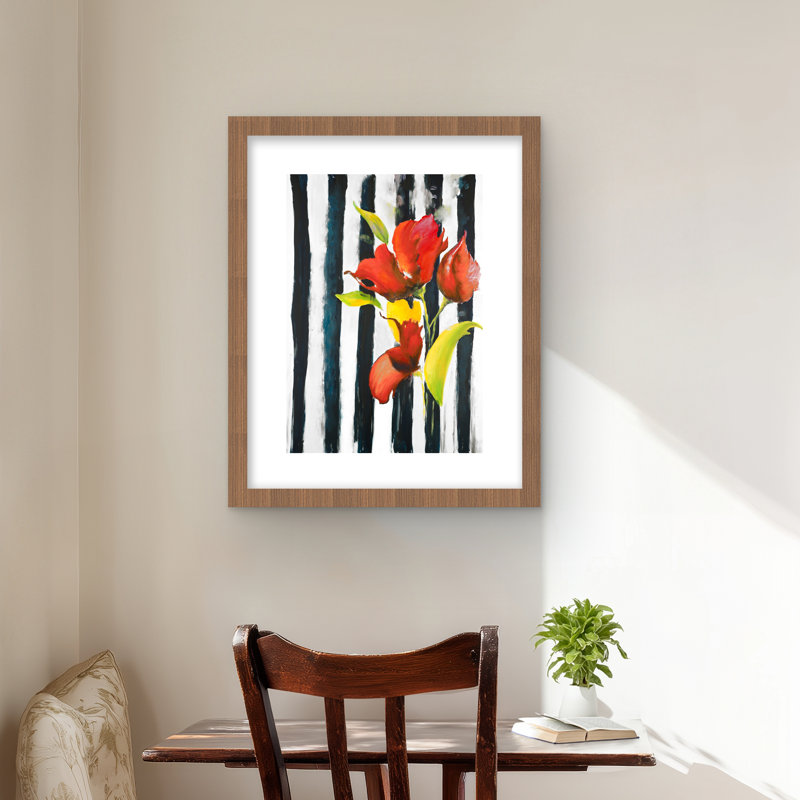 Fleurs sur rayures noires et blanches | Impression encadrée rouge