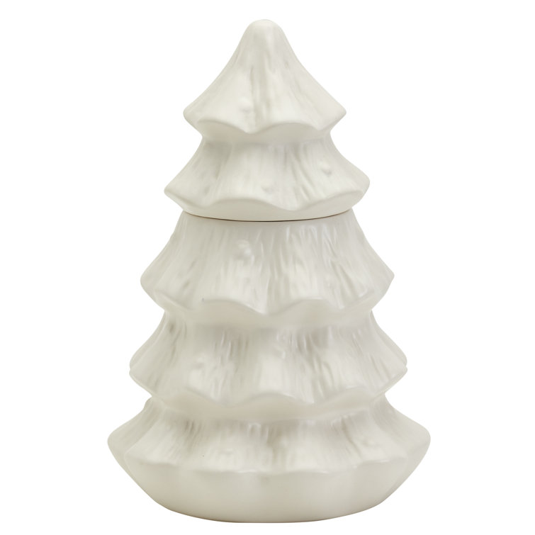 TTU Gallery Stoneware Christmas Tree Cookie Jar Canister White Green