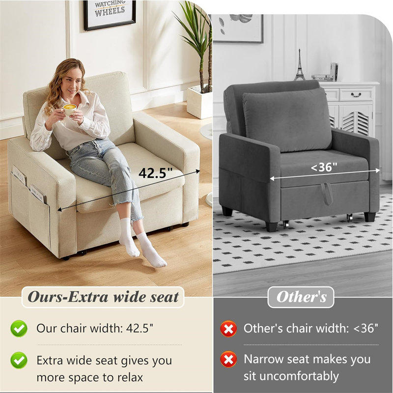 Ebern Designs 3-in-1 Convertible Sofa Chair Bed – Small Space Game-Changer, Beige