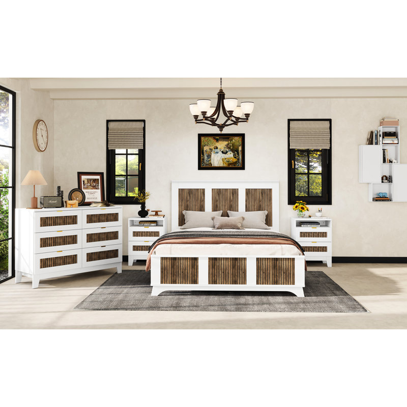 Grand lit plateforme rustique avec lattes en contreplaqué, blanc moderne en blanc, décoration en bandes de bois, support de lattes, capacité de poids de 700 lb, sans sommier