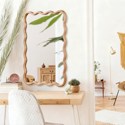 24"X36" Wavy Rectangle Decorative Wall Mirror, Solid Natural Wood Frame For Bedroom Bathroom Living Room | Gift Idea
