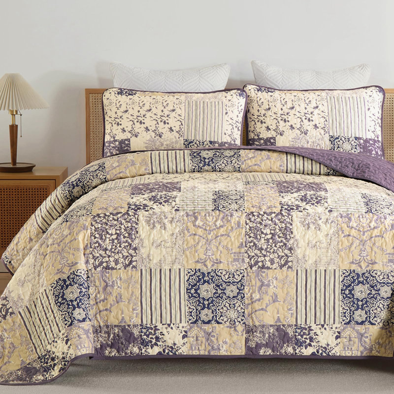 Ensemble de courtepointe patchwork 3 pièces avec 2 taies d'oreiller, Courtepointe très grand et 2 très grandes taies 