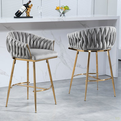 26'' Counter Height Bar Stools Set Of 2,Velvet Kitchen Island Counter Bar Stool With Hand- Wave Back, Chromed Base And Foot Rest