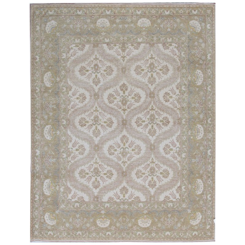 Tapis beige et vert olive de haute qualité noué à la main