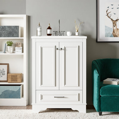 Meuble-lavabo moderne de 24 po avec lavabo en céramique, armoire compacte à 2 portes avec 1 tiroir et poignées argentées, structure en bois d'hévéa, capacité de 300 lb, ensemble central de 4 po, taille de la salle d'eau