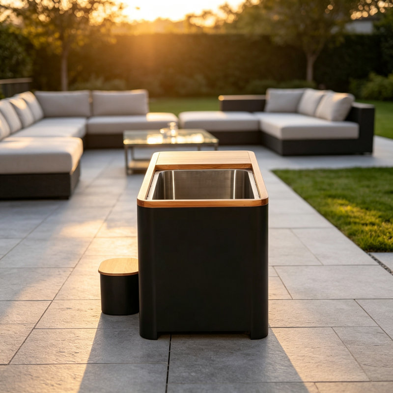 Baignoire froide extérieure pour une personne, cadre noir avec intérieur en acier inoxydable, baignoire sur pieds autoportante pour terrasse de patio