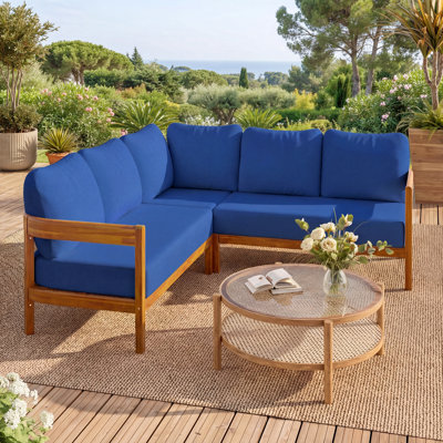 Ensemble de meubles de patio en bois d'acacia massif, ensemble de conversation d'extérieur avec 6 coussins de siège moelleux et sac à dos, canapé d'extérieur toutes saisons avec structure en arc pour la cour, le jardin.