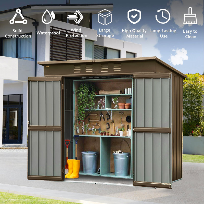 Remise de rangement avec cadre en acier galvanisé et porte verrouillable, H 71,85 po x l 75,2 po x P 54,13 po, Brun