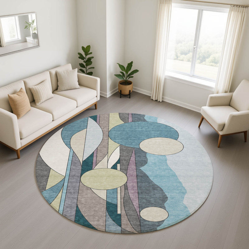 Premium Machine Washable Mayfield AMF2252 Modern Rug, Teal, 8' Round