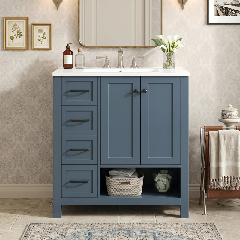 Ensemble de meuble-lavabo moderne de 30 po avec comptoir d'évier, meuble robuste en bois massif et en bois aggloméré, équipé de 2 portes d'armoire, de 2 tiroirs de rangement et d'une tablette ouverte, livré dans un seul paquet