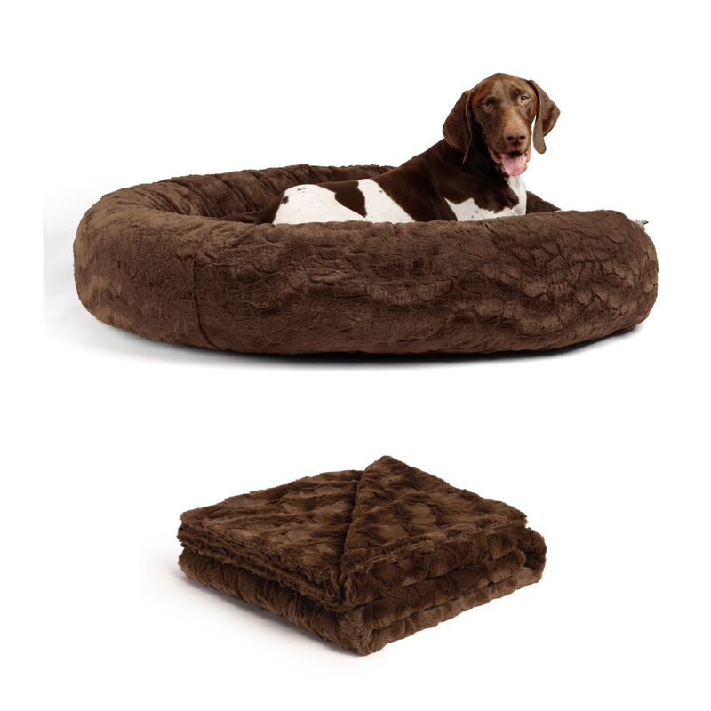 Extra Large Dark Chocolate Faux Fur Orthopedic Pet Bed with Blanket