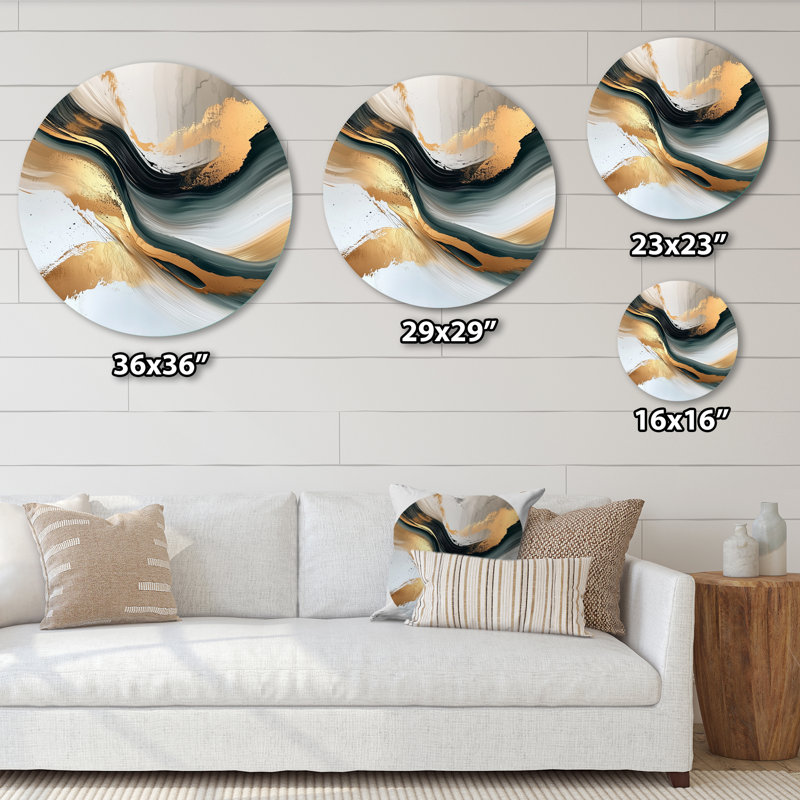 «Silice Melody of Golden Hard Edge Ink I», art mural rond en métal, H 36 po x l 36 po