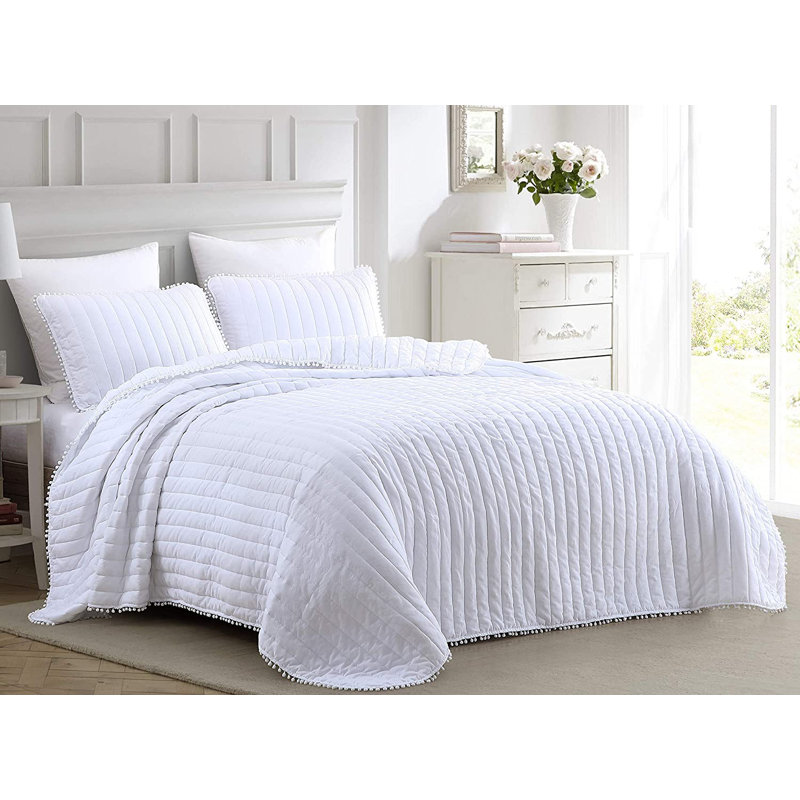 Washed Microfiber Channel Stitch Pom Pom Quilt Set, King Quilt + 2 King Shams, White