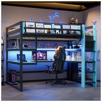Lit mezzanine double en bois avec bureau, support de rangement latéral, tablettes multiples et lumière RVB, bleu nuage