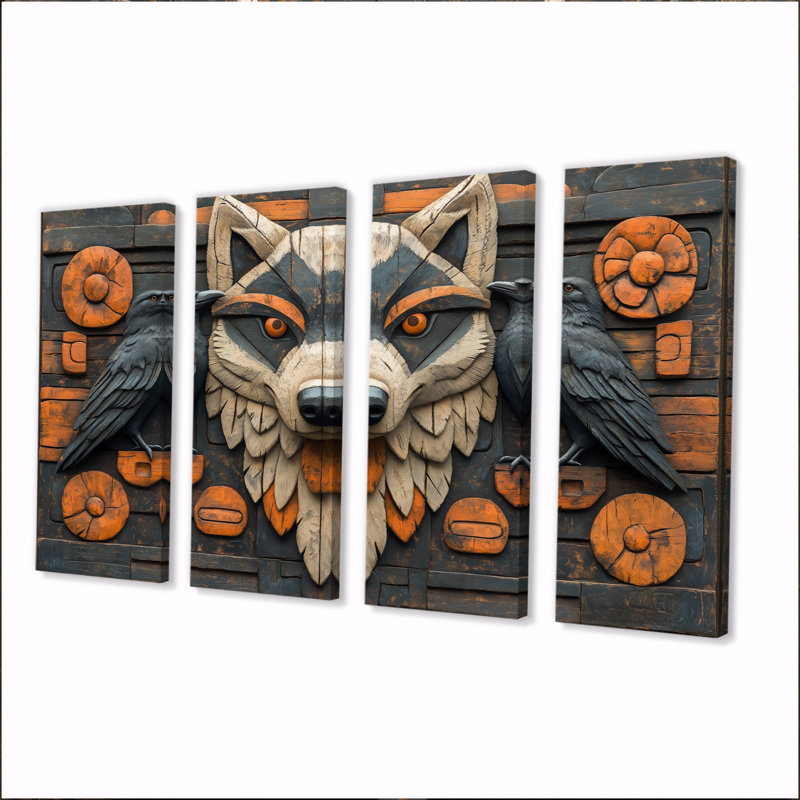 Orange Wolf And Den Totem II - Native American Art Totem Wall Decor Set, 32" H x 64" W