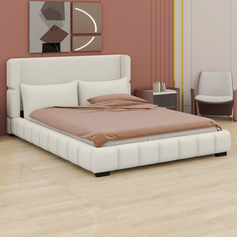 Classic Upholstered Platform Bed Frame with 2 Pillows, White, Queen