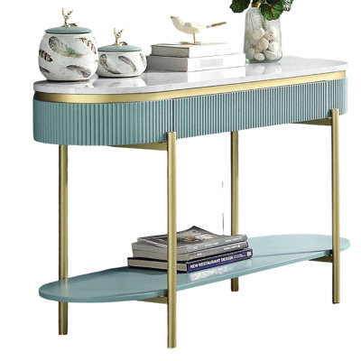 Teal Dressing Table With White Faux Marble Top And Hidden Storage Space In Metal Frame For Primary Living