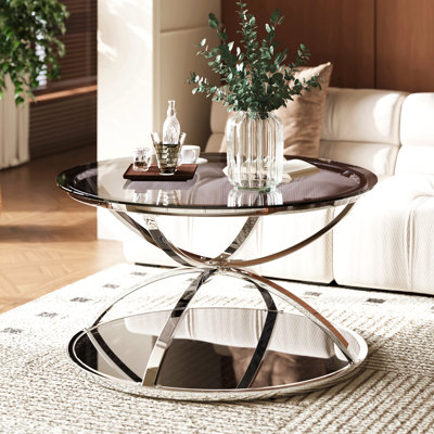 31.50'' Modern Glass Coffee Table With 2 Tiers, Ring-Shaped Frames, Chrome Finish And Grey Tempered Glass, Round Coffee Table For Living Room, Bedroom And Office, Silver