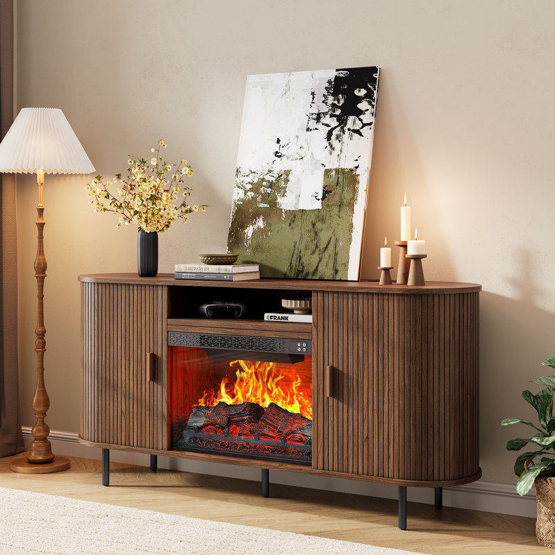Meuble télé moderne avec foyer pour téléviseur de 80 po ou moins, centre de divertissement cannelé avec foyer électrique, meuble média pour salon