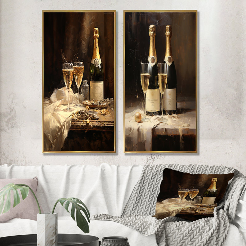 Cellars Silence Champagne Bottle - Champagne Wall Art Living Room Ensemble de 2, Cadre flottant doré, H 28 po x l 25 po
