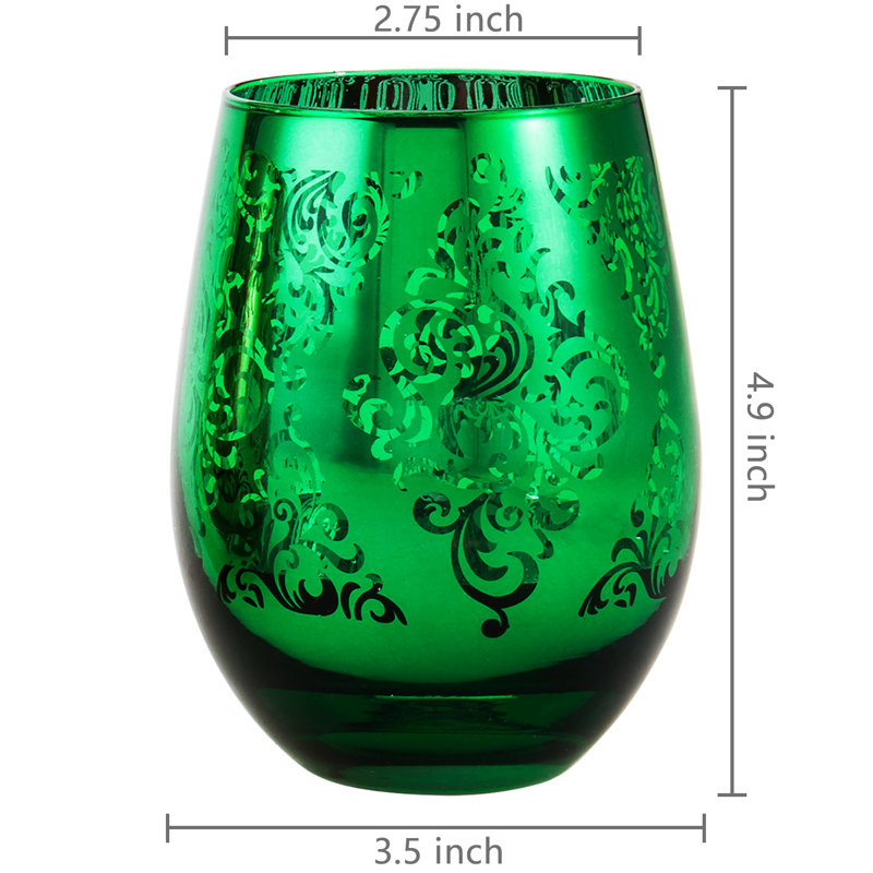 Festive Multicolor Stemless Wine Glass Set with Baroque Pattern, 16 oz Capacity
