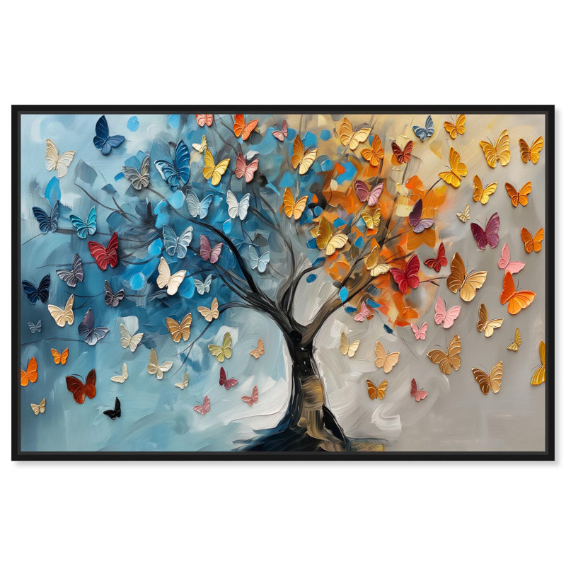 «Fluttering on Tree III», toile colorée par Art Remedy, H 37 po x l 55 po x P 1,8 po, Cadre flottant noir