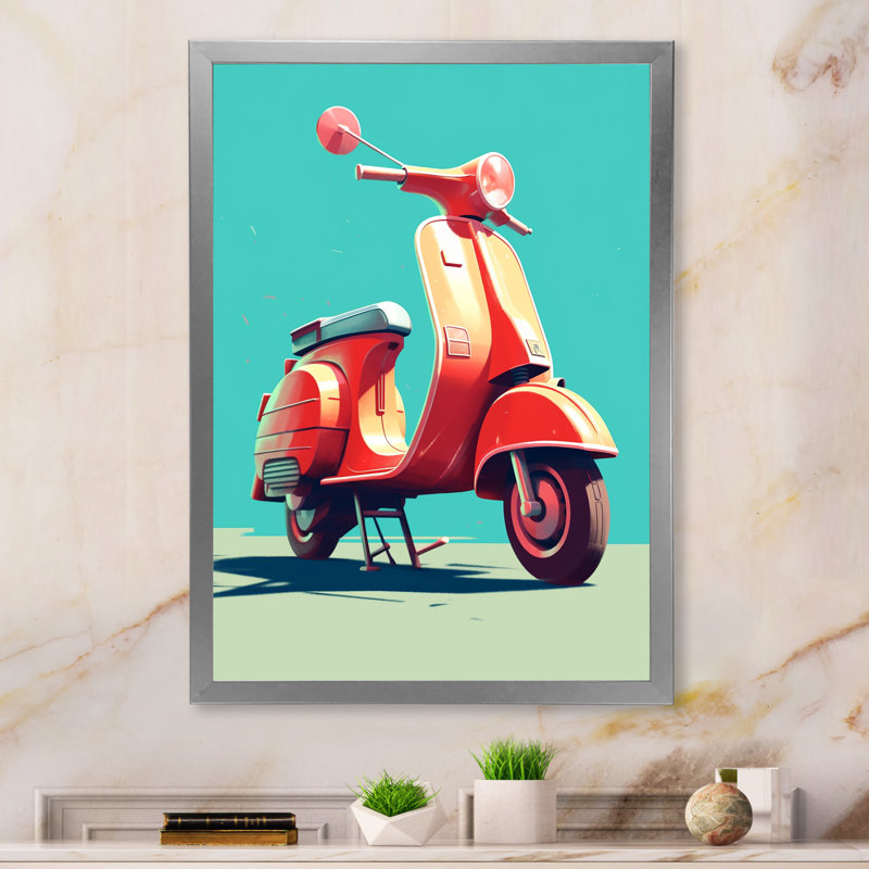 Corail bleu sarcelle scooter présent sur toile, Cadre photo argenté, H 32 po x l 24 po x P 1 po