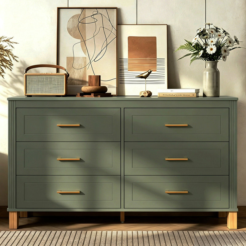 Commode double 6 tiroirs en bois robuste, Olive