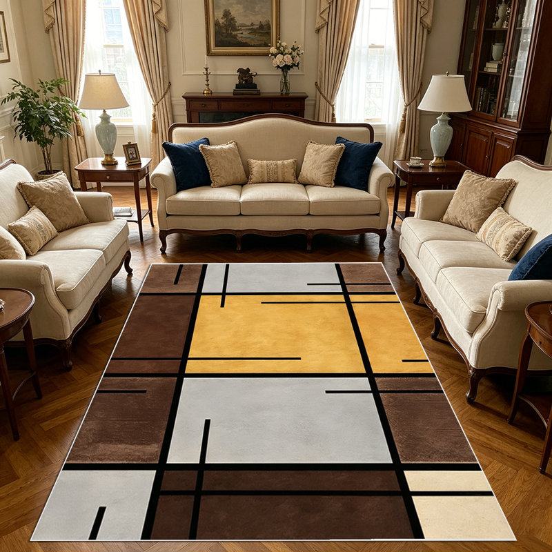 1PC Modern Geometric Abstract Brown Yellow Grey De Stijl Grid Style area rugs for Living Room, Soft, All seasons, Easy-maintain, Washable Indoor mat, Farmhouse suitable for for dining room, bedroom, entryway...