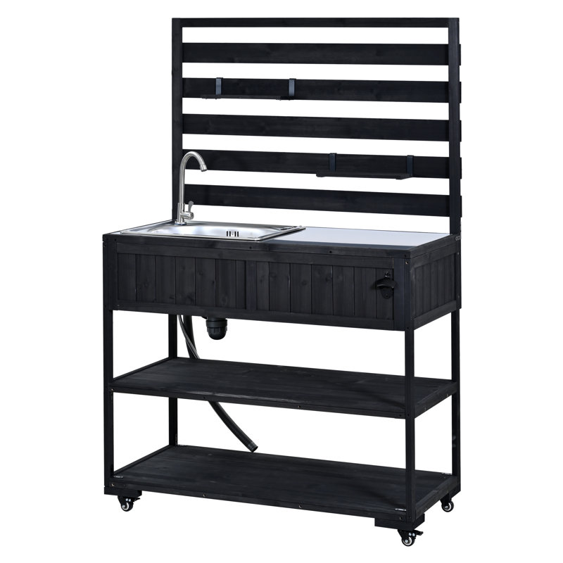 Banc de rempotage extérieur roulant avec rangement, chariot de cuisine avec plateau en acier inoxydable et évier, Noir