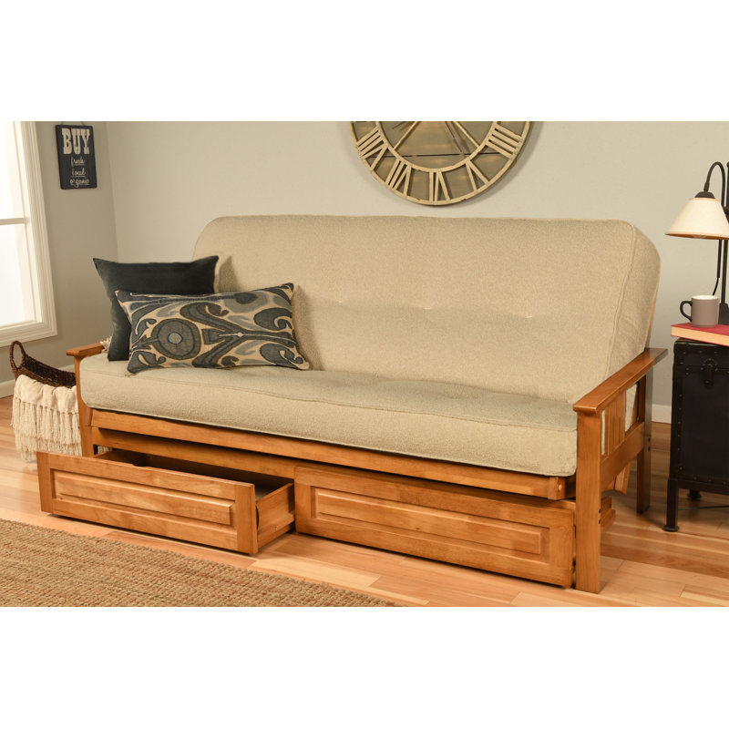 La base de futon pleine grandeur Stratford comprend des tiroirs de rangement et un matelas, Premium Pocket Coil, Canton crème