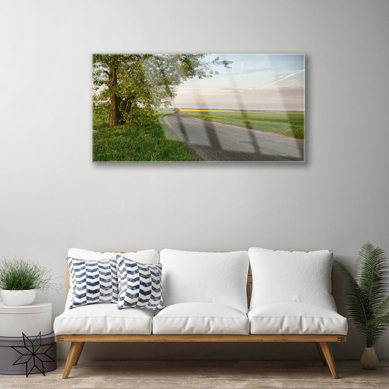 Glass Print Wall Art 100X50cm Image Printed On Glass Decorative Wall Picture Behind Toughened / Tempered Safety Real Glass For Kitchen & Living Room Theme: Road Tree Grass Landscape