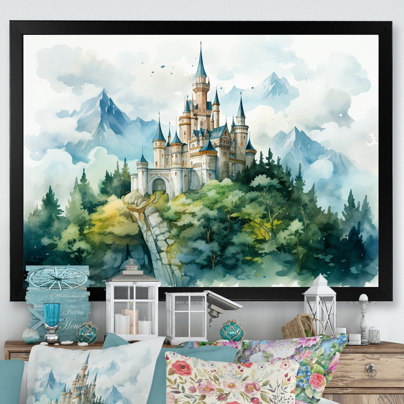 Medieval Castle Mountains - Castles Wall Art, Black Closed Corner Framed, 34" H x 44" W x 1.5" D