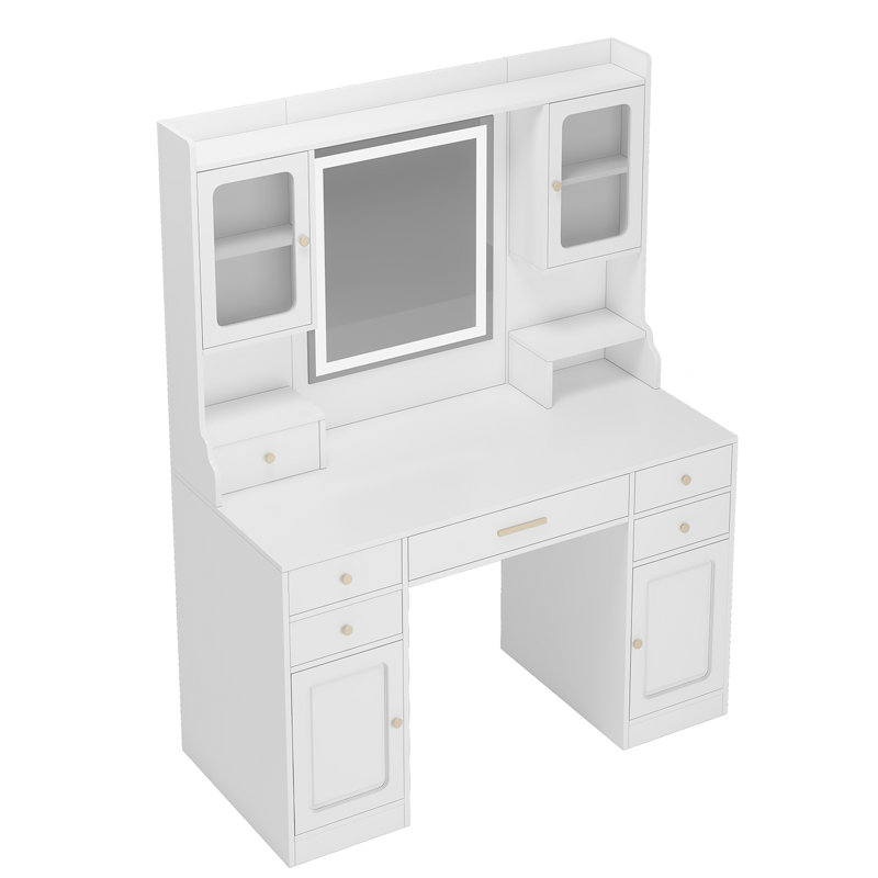 American - Style Vanity Desk With White Exterior, 6 Drawers, Big Mirror And 3 Warm Lights Table Extra Large Mirror, Drawers Shelves, Ideal For Bedroom Use