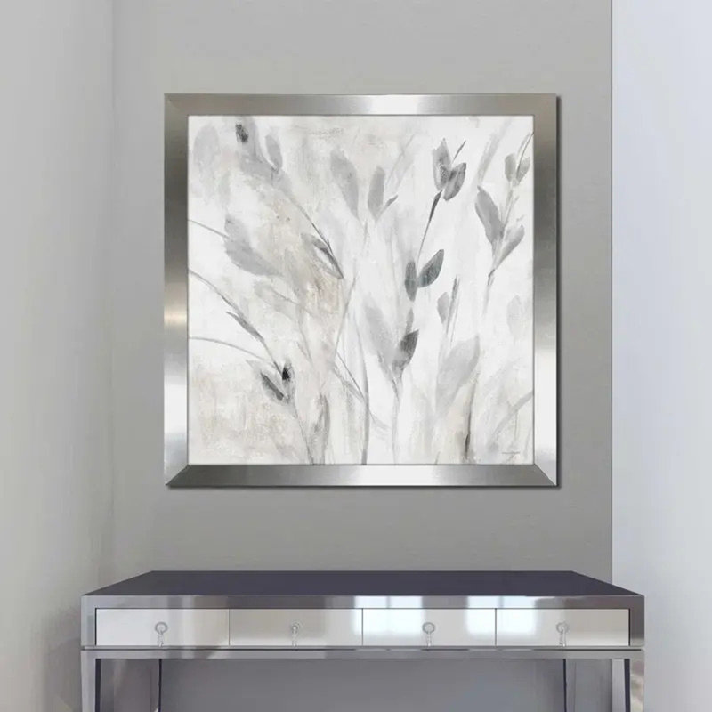 "Grey Misty Leaves Square I (Square)" par Lanie Loreth, Impression encadrée, H 37,5 po x l 37,5 po, Argent argent