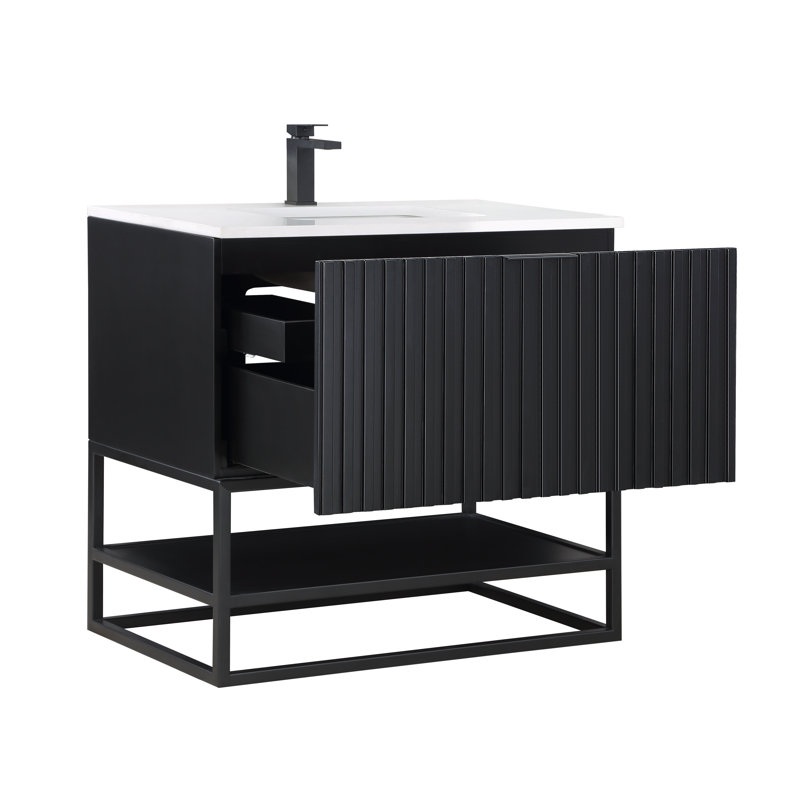 Terra 36'' W Single Vanity, White Quartz/Single Faucet Mount, Midnight Black, Matte Black