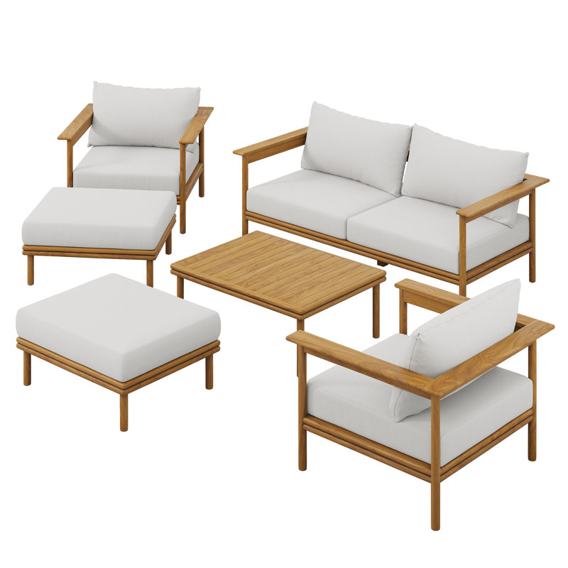 Wren 6-Piece Outdoor Patio Teak Wood Furniture Set In Natural, Sail