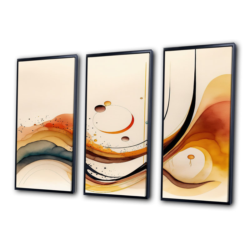 «Majlis Burnt Orange Waves Abstract V», reproduction de 3 pièces sur toile, Cadre noir, H 28 po x l 36 po x P 1 po