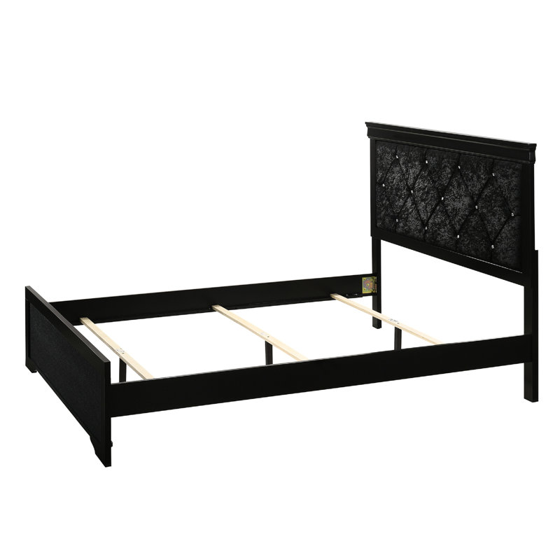 Lit à panneau double moderne avec tête de lit tapissier noire et capitonnage à boutons éblouissants pour une finition de chambre à coucher douce et scintillante