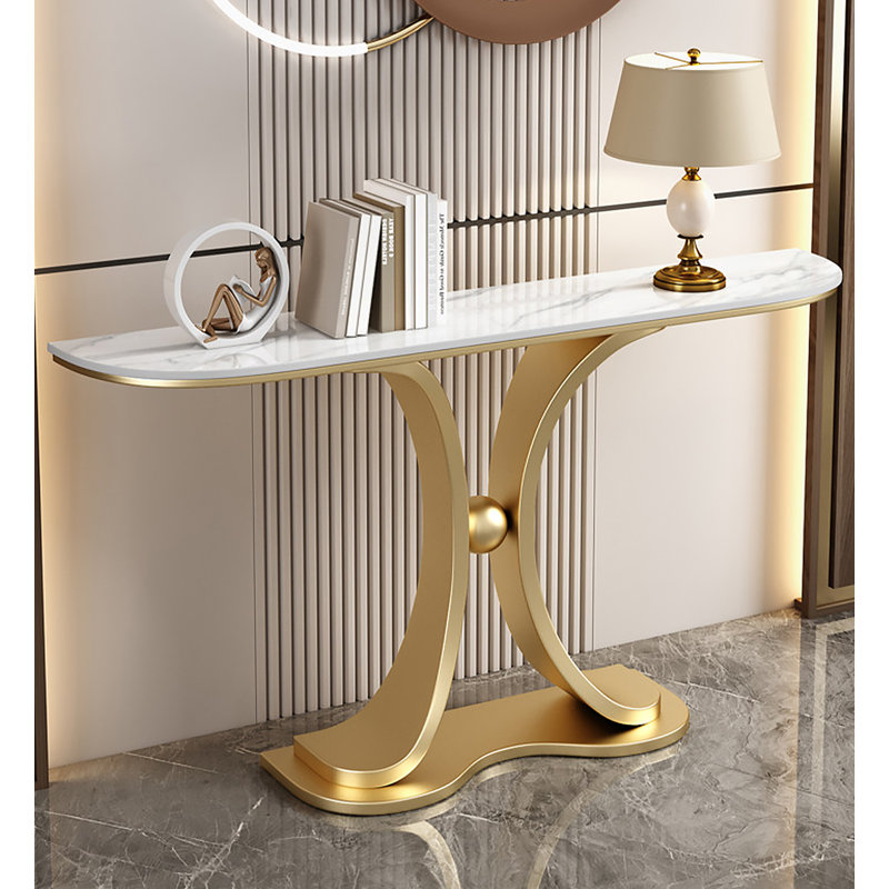 Table d'entrée en métal courbé à base en métal fritté pour hall d'entrée, H 31,5 po x l 39,37 po x P 11,81 po, White / Gold