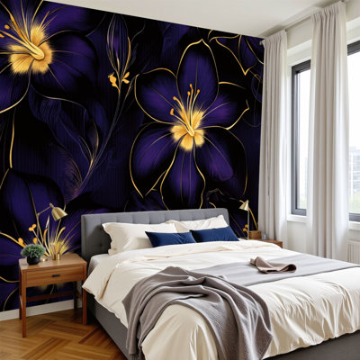 Peel and Stick Wallpaper 96" W x 69" H Modern Self Adhesive Wall Mural for Bedroom Vintage luxury seamless floral golden lilies flowers Romantic for wall