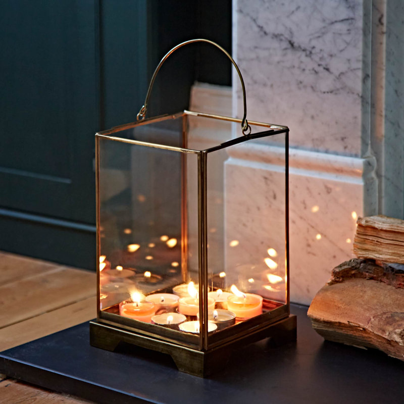 Antique Brass Candle Lantern, 23cm H x 15cm W x 15cm D