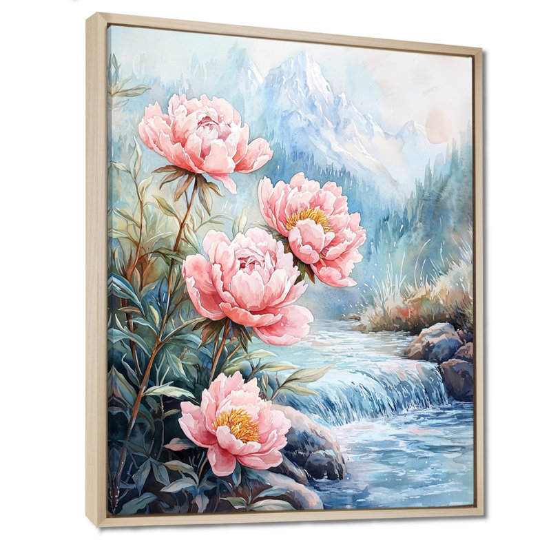 Gitza, pivoines d'hiver et rivière Glacier II - pivoines, reproductions encadrées, H 40 po x l 30 po, Crème, crème