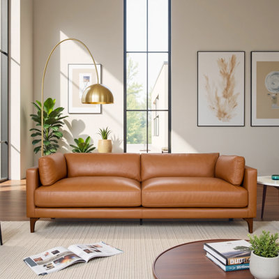 Solara Mid-Century Modern Leather Sofa with Walnut-finished Solid Wood Legs