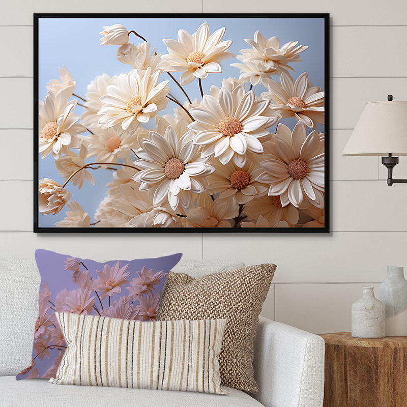 Marguerite blanche en fleurs, élégance 8 sur toile, Cadre flottant noir, 32" H x 16" W