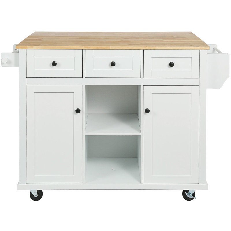 Kitchen Cart With Rubber Wood Drop-Leaf Countertop ,Cabinet Door Internal Storage Racks,Kitchen Island On 5 Wheels With Storage Cabinet And 3 Drawers For Dinning Room