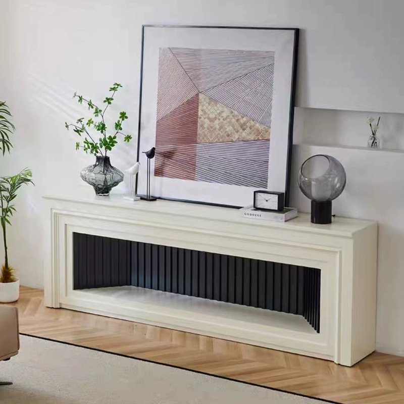 Beige Manufactured Wood TV Cabinet Fireplace, 27.56" H x 94.49" W x 11.81" D